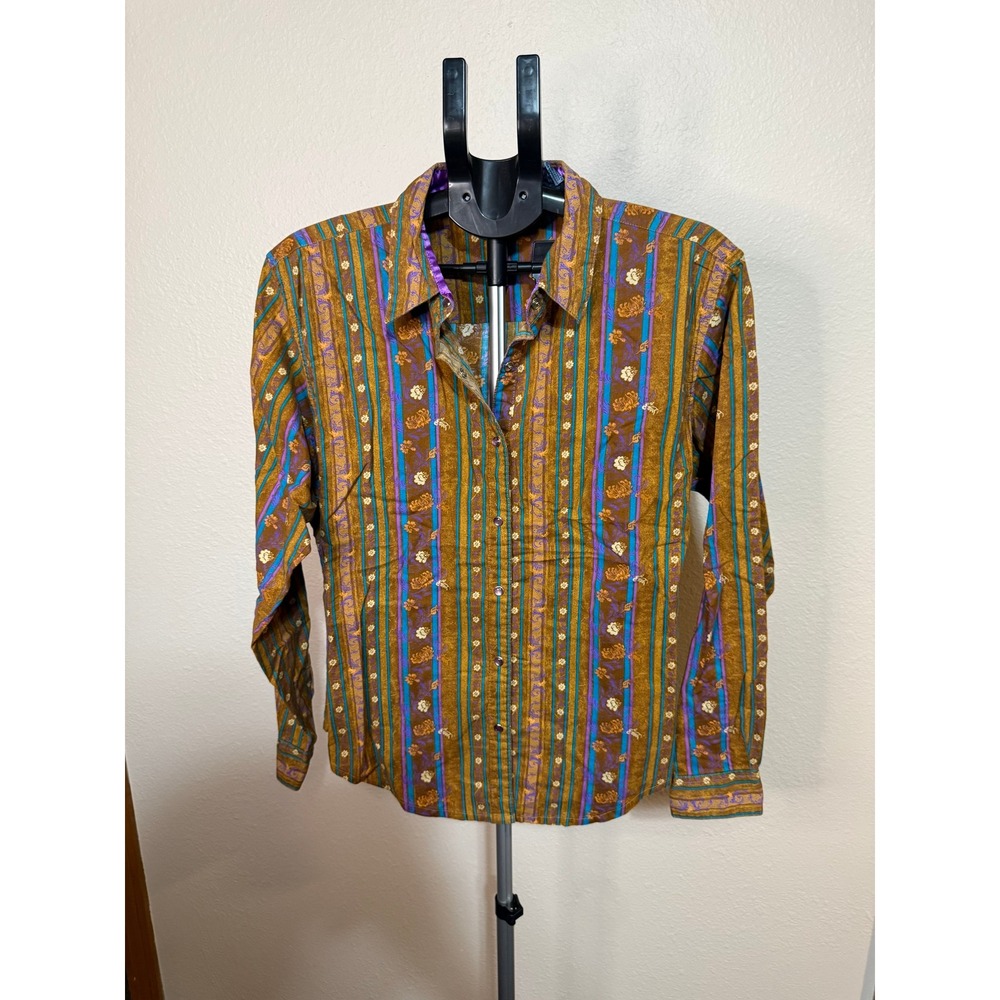 Wrangler Blues Womens XL Western Shirt Brown Floral Stripe Pearl Snap Shirt